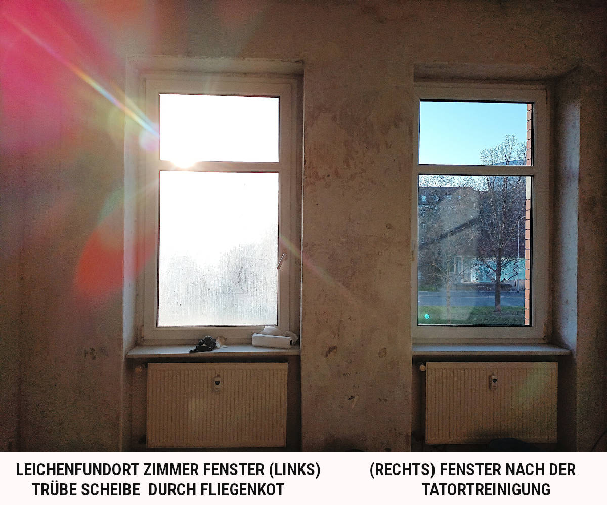 Leichenfundort Fenster mit_Fliegenkot Vor und Nach der Tatortreinigung